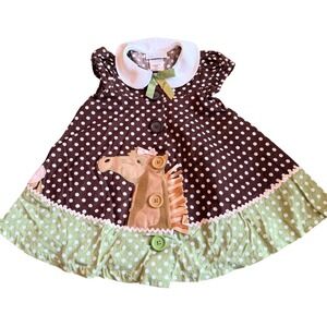 Bonnie Jean Girls 2T Brown Green Polka Dot Horse Applique Peter Pan Collar Dress